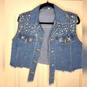 Studded Denim Womens Cropped Distressed Vest Small